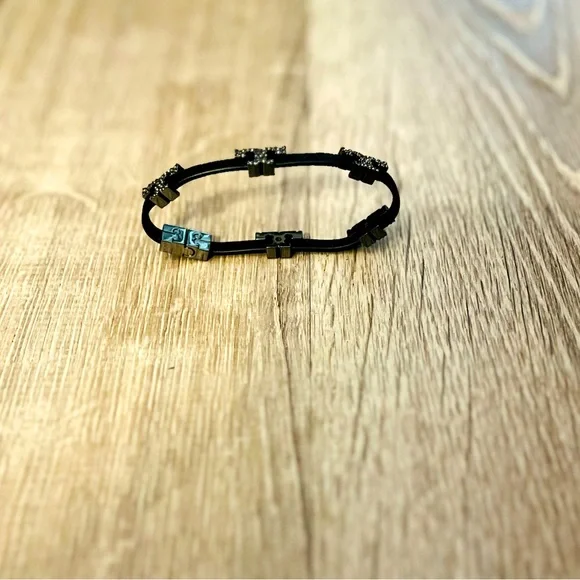 Tory Burch Serif T Bracelet with Pave Stones and Black Leather